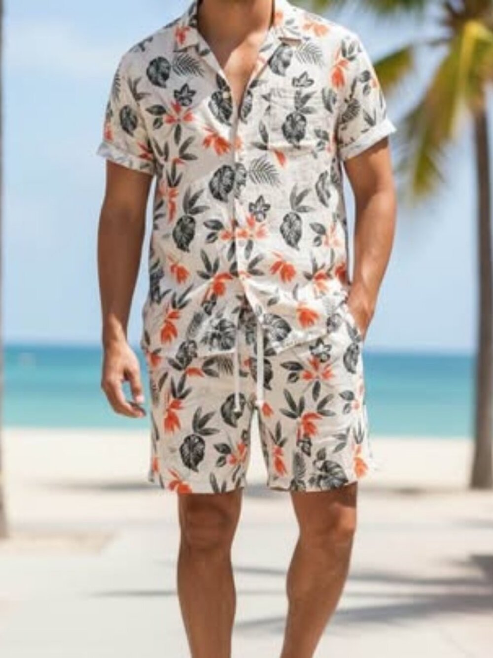 Men's Tropical Floral Shirt & Shorts 2-Piece Beach Set – White Hibiscus Print